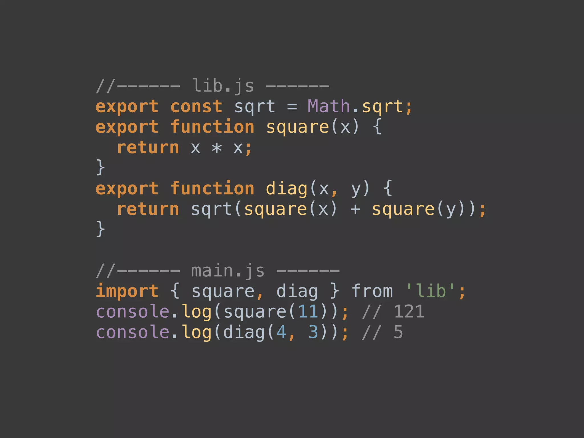 //------ lib.js ------ 
export const sqrt = Math.sqrt; 
export function square(x) { 
return x * x; 
} 
export function diag(x, y) { 
return sqrt(square(x) + square(y)); 
} 
 
//------ main.js ------ 
import { square, diag } from 'lib'; 
console.log(square(11)); // 121 
console.log(diag(4, 3)); // 5
 