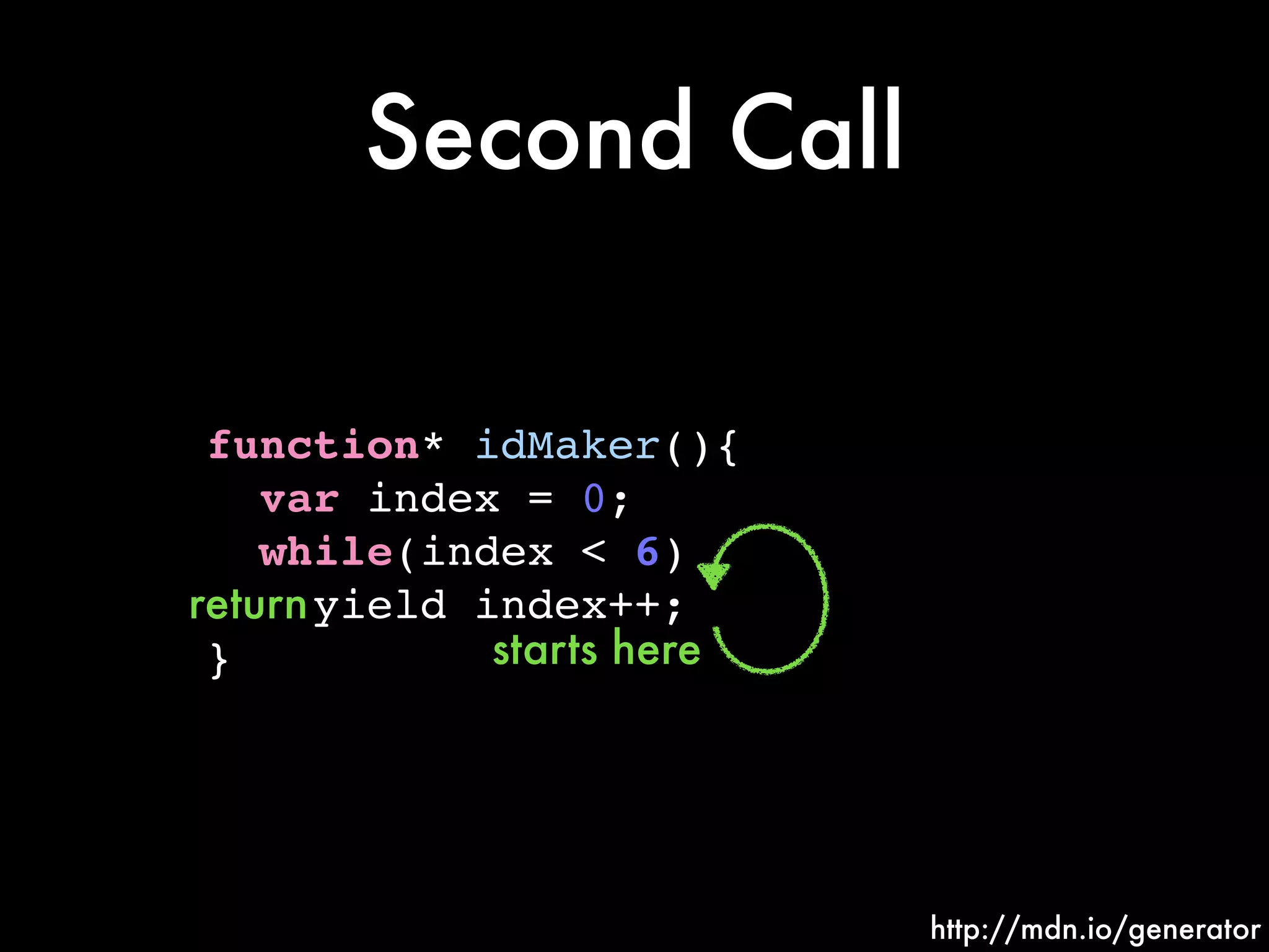 Second Call
function* idMaker(){!
var index = 0;!
while(index < 6)!
yield index++;!
}
http://mdn.io/generator
return
starts here
 