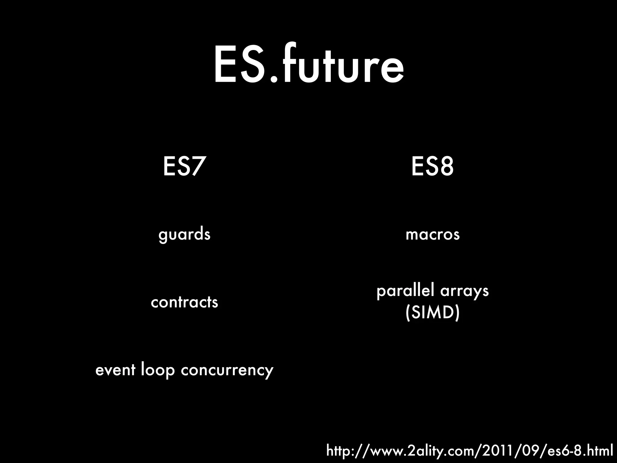 ES.future
ES7 ES8
guards macros
contracts
parallel arrays
(SIMD)
event loop concurrency
http://www.2ality.com/2011/09/es6-8.html
 