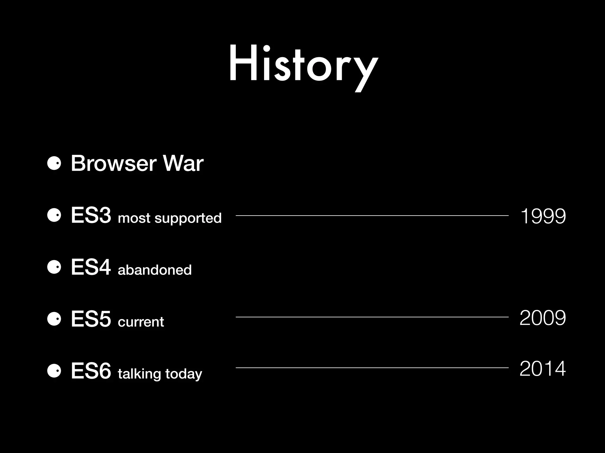 History
⚈ Browser War
⚈ ES3 most supported
⚈ ES4 abandoned
⚈ ES5 current
⚈ ES6 talking today
1999
2009
2014
 
