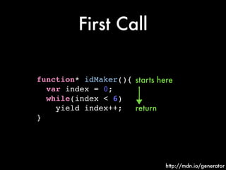 First Call
function* idMaker(){!
var index = 0;!
while(index < 6)!
yield index++;!
}
http://mdn.io/generator
return
starts here
 