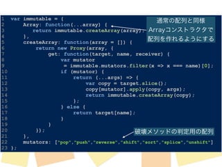 通常の配列と同様 
Arrayコンストラクタで 
配列を作れるようにする 
1 var immutable = { 
2 Array: function(...array) { 
3 return immutable.createArray(array); 
4 }, 
5 createArray: function(array = []) { 
6 return new Proxy(array, { 
7 get: function(target, name, receiver) { 
8 var mutator 
9 = immutable.mutators.filter(x => x === name)[0]; 
10 if (mutator) { 
11 return (...args) => { 
12 var copy = target.slice(); 
13 copy[mutator].apply(copy, args); 
14 return immutable.createArray(copy); 
15 }; 
16 } else { 
17 return target[name]; 
18 } 
19 } 
20 }); 
破壊メソッドの判定用の配列 
21 }, 
22 mutators: ["pop","push","reverse","shift","sort","splice","unshift"] 
23 }; 
 