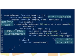 ! 
! 
5 createArray: function(array = []) { 
6 return new Proxy(array, { 
ターゲットに配列を使用 
7 get: function(target, name, receiver) { 
8 getトラップ 
var mutator 
9 を定義 
= immutable.mutators.filter(x => x === name)[0]; 
10 if (mutator) { 
11 return (...args) => { 
12 破壊メソッドなら 
var copy = target.slice(); 
13 sliceを挟む関数を返す 
copy[mutator].apply(copy, args); 
14 return immutable.createArray(copy); 
15 }; 
16 } else { 
コピーした配列で 
17 return target[name]; 
プロキシを再作成 
18 } 
19 } 
20 }); 
21 } 
 