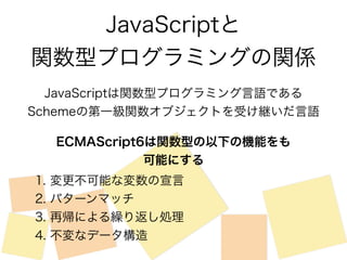JavaScriptと 
関数型プログラミングの関係 
JavaScriptは関数型プログラミング言語である 
Schemeの第一級関数オブジェクトを受け継いだ言語 
ECMAScript6は関数型の以下の機能をも 
可能にする 
1. 変更不...