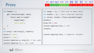 Proxy
let handler = {
get: function(target, name){
return name in target?
target[name] :
'not a jedi';
}
};
let proxy = new Proxy({}, handler);
proxy.a = 'ben';
proxy.b = 'yoda';
console.log(proxy.a, proxy.b); // ben, yoda
console.log(proxy.c); // not a jedi
let target = {}; // Start with an empty object
let handler = {}; // Don’t intercept anything
let {proxy, revoke} = Proxy.revocable(target,
handler);
proxy.foo = 123;
console.log(proxy.foo); // 123
revoke();
console.log(proxy.foo); // TypeError: Revoked
 