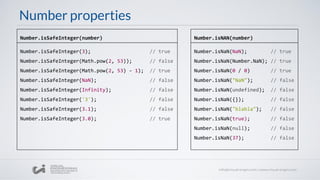 Number properties
Number.isSafeInteger(number)
Number.isSafeInteger(3); // true
Number.isSafeInteger(Math.pow(2, 53)); // false
Number.isSafeInteger(Math.pow(2, 53) - 1); // true
Number.isSafeInteger(NaN); // false
Number.isSafeInteger(Infinity); // false
Number.isSafeInteger('3'); // false
Number.isSafeInteger(3.1); // false
Number.isSafeInteger(3.0); // true
Number.isNAN(number)
Number.isNaN(NaN); // true
Number.isNaN(Number.NaN); // true
Number.isNaN(0 / 0) // true
Number.isNaN("NaN"); // false
Number.isNaN(undefined); // false
Number.isNaN({}); // false
Number.isNaN("blabla"); // false
Number.isNaN(true); // false
Number.isNaN(null); // false
Number.isNaN(37); // false
 