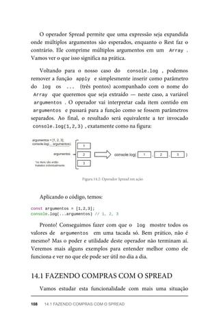 O operador Spread permite que uma expressão seja expandida
onde múltiplos argumentos são esperados, enquanto o Rest faz o
contrário. Ele comprime múltiplos argumentos em um Array .
Vamos ver o que isso significa na prática.
Voltando para o nosso caso do console.log , podemos
remover a função apply e simplesmente inserir como parâmetro
do log os ... (três pontos) acompanhado com o nome do
Array que queremos que seja extraído — neste caso, a variável
argumentos . O operador vai interpretar cada item contido em
argumentos e passará para a função como se fossem parâmetros
separados. Ao final, o resultado será equivalente a ter invocado
console.log(1,2,3) , exatamente como na figura:
Figura 14.2: Operador Spread em ação
Aplicando o código, temos:
const argumentos = [1,2,3];
console.log(...argumentos) // 1, 2, 3
Pronto! Conseguimos fazer com que o log mostre todos os
valores de argumentos em uma tacada só. Bem prático, não é
mesmo? Mas o poder e utilidade deste operador não terminam aí.
Veremos mais alguns exemplos para entender melhor como ele
funciona e ver no que ele pode ser útil no dia a dia.
Vamos estudar esta funcionalidade com mais uma situação
14.1 FAZENDO COMPRAS COM O SPREAD
108 14.1 FAZENDO COMPRAS COM O SPREAD
 