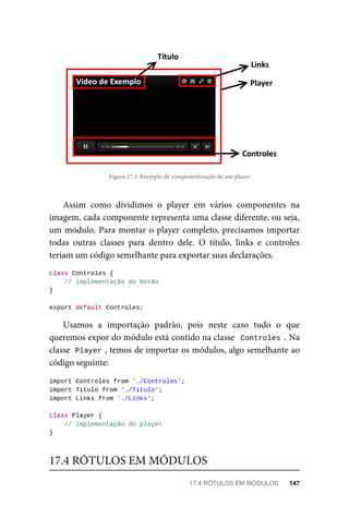 Figura 17.3: Exemplo de componentização de um player
Assim como dividimos o player em vários componentes na
imagem, cada componente representa uma classe diferente, ou seja,
um módulo. Para montar o player completo, precisamos importar
todas outras classes para dentro dele. O título, links e controles
teriam um código semelhante para exportar suas declarações.
class Controles {
// implementação do botão
}
export default Controles;
Usamos a importação padrão, pois neste caso tudo o que
queremos expor do módulo está contido na classe Controles . Na
classe Player , temos de importar os módulos, algo semelhante ao
código seguinte:
import Controles from './Controles';
import Titulo from './Titulo';
import Links from './Links';
class Player {
// implementação do player
}
17.4 RÓTULOS EM MÓDULOS
17.4 RÓTULOS EM MÓDULOS 147
 