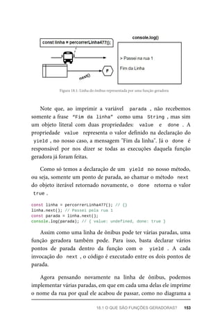 Figura 18.1: Linha do ônibus representada por uma função geradora
Note que, ao imprimir a variável parada , não recebemos
somente a frase “Fim da linha” como uma String , mas sim
um objeto literal com duas propriedades: value e done . A
propriedade value representa o valor definido na declaração do
yield , no nosso caso, a mensagem "Fim da linha". Já o done é
responsável por nos dizer se todas as execuções daquela função
geradora já foram feitas.
Como só temos a declaração de um yield no nosso método,
ou seja, somente um ponto de parada, ao chamar o método next
do objeto iterável retornado novamente, o done retorna o valor
true .
const linha = percorrerLinha477(); // {}
linha.next(); // Passei pela rua 1
const parada = linha.next();
console.log(parada); // { value: undefined, done: true }
Assim como uma linha de ônibus pode ter várias paradas, uma
função geradora também pode. Para isso, basta declarar vários
pontos de parada dentro da função com o yield . A cada
invocação do next , o código é executado entre os dois pontos de
parada.
Agora pensando novamente na linha de ônibus, podemos
implementar várias paradas, em que em cada uma delas ele imprime
o nome da rua por qual ele acabou de passar, como no diagrama a
18.1 O QUE SÃO FUNÇÕES GERADORAS? 153
 