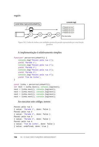 seguir:
Figura 18.2: Linha do ônibus com múltiplos pontos de parada representada por uma função
geradora
A implementação é relativamente simples:
function* percorrerLinha477() {
console.log('Passei pela rua 1');
yield 'Parada 1';
console.log('Passei pela rua 2');
yield 'Parada 2';
console.log('Passei pela rua 3');
yield 'Parada 3';
console.log('Passei pela rua 4');
yield 'Fim da linha';
}
const linha = percorrerLinha477();
let next = linha.next(); console.log(next);
next = linha.next(); console.log(next);
next = linha.next(); console.log(next);
next = linha.next(); console.log(next);
next = linha.next(); console.log(next);
Ao executar este código, temos:
Passei pela rua 1
{ value: 'Parada 1', done: false }
Passei pela rua 2
{ value: 'Parada 2', done: false }
Passei pela rua 3
{ value: 'Parada 3', done: false }
Passei pela rua 4
{ value: 'Fim da linha', done: false }
{ value: undefined, done: true }
154 18.1 O QUE SÃO FUNÇÕES GERADORAS?
 