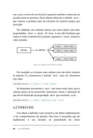 um a um, os itens de um iterável, enquanto mantém o status da sua
posição atual na estrutura. Esses objetos oferecem o método next ,
que retorna o próximo item da estrutura do iterável sempre que
invocado.
Na realidade, este método retorna um outro objeto com duas
propriedades: done e value . O done é um valor booleano que
indica se toda a estrutura foi acessada, enquanto o value contém o
valor extraído.
Figura 4.1: Relação entre iterador e iterável
Por exemplo, se tivermos uma coleção com um único número
(o número 1) e chamarmos o método next uma vez, obteremos
este valor:
iteravel.next(); // {value: 1, done: false}
Se chamamos novamente o next , não temos mais valor, pois a
coleção inteira já foi percorrida. Entretanto, temos a indicação de
que ela foi finalizada na propriedade done que retornará true :
iteravel.next(); // {value: undefined, done: true}
Um objeto é definido como iterável se ele define explicitamente
o seu comportamento de iteração. Para isso, é necessário que ele
implemente o seu iterador na propriedade de chave
4.2 ITERÁVEIS
24 4.2 ITERÁVEIS
 