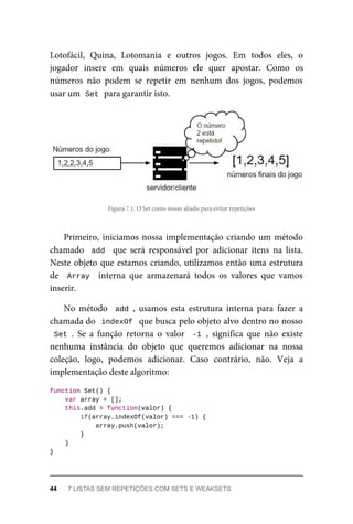 Lotofácil, Quina, Lotomania e outros jogos. Em todos eles, o
jogador insere em quais números ele quer apostar. Como os
números não podem se repetir em nenhum dos jogos, podemos
usar um Set para garantir isto.
Figura 7.1: O Set como nosso aliado para evitar repetições
Primeiro, iniciamos nossa implementação criando um método
chamado add que será responsável por adicionar itens na lista.
Neste objeto que estamos criando, utilizamos então uma estrutura
de Array interna que armazenará todos os valores que vamos
inserir.
No método add , usamos esta estrutura interna para fazer a
chamada do indexOf que busca pelo objeto alvo dentro no nosso
Set . Se a função retorna o valor -1 , significa que não existe
nenhuma instância do objeto que queremos adicionar na nossa
coleção, logo, podemos adicionar. Caso contrário, não. Veja a
implementação deste algoritmo:
function Set() {
var array = [];
this.add = function(valor) {
if(array.indexOf(valor) === -1) {
array.push(valor);
}
}
}
44 7 LISTAS SEM REPETIÇÕES COM SETS E WEAKSETS
 