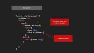 function criarIterator(arr) {
let index = 0;
return {
next() {
if (index < arr.length) {
return {
done: false,
value: arr[index++]
};
} else {
return { done: true};
}
}
};
}
Objeto de retorno
Função que passa para
próxima iteração
Iterator
 