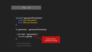 function* generatorFunction() {
yield 'Luke Skywalker';
yield 'Obi-wan Kenobi';
}
!
let generator = generatorFunction();
!
for(let jedi of generator) {
console.log(jedi);
}
!
// Luke Skywalker
// Obi-wan Kenobi
!
Iterando todas as
suspensões da função
For…of
 