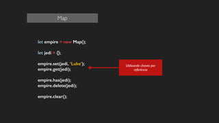 let empire = new Map();
!
let jedi = {};
!
empire.set(jedi, ‘Luke’);
empire.get(jedi);
!
empire.has(jedi);
empire.delete(jedi);
!
empire.clear();
!
!
!
Utilizando chaves por
referência
Map
 