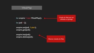 let empire = new WeakMap();
!
let jedi = {};
!
empire.set(jedi, ‘Luke’);
empire.get(jedi);
!
empire.has(jedi);
empire.delete(jedi);
!
!
!
!
!
Mesmos metodos do Map
Criação de Map sem ser
coletados no garbage
WeakMap
 