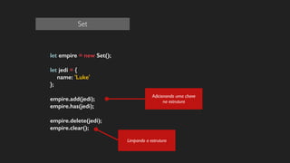 let empire = new Set();
!
let jedi = {
name: 'Luke'
};
!
empire.add(jedi);
empire.has(jedi);
!
empire.delete(jedi);
empire.clear();
!
!
!
Limpando a estrutura
Adicionando uma chave
na estrutura
Set
 