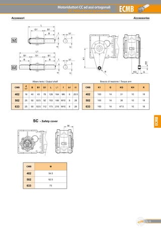 Motoriduttori CC ad assi ortogonali
DC Helical bevel gearmotors
L15
ECMB
ECMB
AccessoriesAccessori
f
f
L1
L
G1
G1
B
B
B1
B1
dd
t1t1
B
B1
b1
b1
KG
KH
G
R
K1
Albero lento / Output shaft
CMB
d
h7
B B1 G1 L L1 f b1 t1
402 18 40 43 78 128 164 M6 6 20.5
502 25 50 53.5 92 153 199 M10 8 28
633 25 50 53.5 112 173 219 M10 8 28
SZ
DZ
Braccio di reazione / Torque arm
CMB K1 G KG KH R
402 100 14 31 10 18
502 100 14 38 10 18
633 150 14 47.5 10 18
CMB M
402 54.5
502 62.5
633 73
SC - Safety cover
 