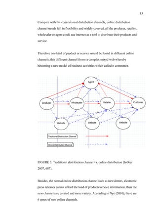 13
Compare with the conventional distribution channels, online distribution
channel trends full in flexibility and widely covered, all the producer, retailer,
wholesaler or agent could use internet as a tool to distribute their products and
service.
Therefore one kind of product or service would be found in different online
channels, this different channel forms a complex mixed web whereby
becoming a new model of business activities which called e-commerce.
FIGURE 3. Traditional distribution channel vs. online distribution (Jobber
2007, 687).
Besides, the normal online distribution channel such as newsletters, electronic
press releases cannot afford the load of products/service information, then the
new channels are created and more variety. According to Nyo (2010), there are
6 types of new online channels.
 