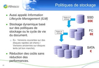 Politiques de stockage

     ● Aussi appelé Information
       Lifecycle Management (ILM)
                                                       Règles de
                                                       stockage
                                                                   SSD
                                                                   €€€
     ● Stockage dynamique basé
       sur des politiques de
       stockage ou le cycle de vie         Règles de                FC
                                                                    €€
                                            stockage
       du document.
       o Ex : Versions courantes sur des
         disques rapides (et chers) /
         Versions anciennes sur disques
         lents (et bon marché).                                    SATA
                                                                    €
     ● Réduction des coûts sans
       réduction des
       performances.
20
 