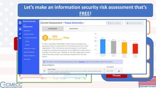 Managing Risk
Likelihood
Impact
Threats
Vulnerabilities
Administrative
Controls
Physical
Controls
Technical
Controls
Information Security is
Let’s make an information security risk assessment that’s
FREE!
The assessment that creates the S2Score is
available at no cost to anyone.
There’s no
catch.
For those who like our snazzy
standards and acronyms, the S2Org
is derived from and mapped to:
• NIST CSF
• NIST SP 800-53
• NIST SP 800-171
• ISO 27002
• COBIT
• Others…
 