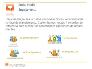 eC BrandCommunity eC Real Experience eC Below the Line eC OpenSocial Social Media  Engajamento Implementação das iniciativas de Mídias Sociais recomendadas na fase de planejamento. Customizamos nossas 4 soluções de referência para atender às necessidades específicas de nossos clientes.  