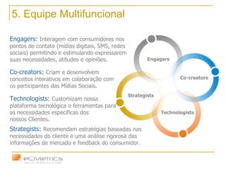 5. Equipe Multifuncional Engagers:  Interagem com consumidores nos pontos de contato (mídias digitais, SMS, redes sociais) permitindo e estimulando expressarem suas necessidades, atitudes e opiniões. Co-creators:  Criam e desenvolvem conceitos interativos em colaboração com os participantes das Mídias Sociais.  Technologists:  Customizam nossa plataforma tecnológica e ferramentas para as necessidades especificas dos nossos Clientes. Strategists:  Recomendam estratégias baseadas nas necessidades do cliente e uma análise rigorosa das informações de mercado e feedback do consumidor.  