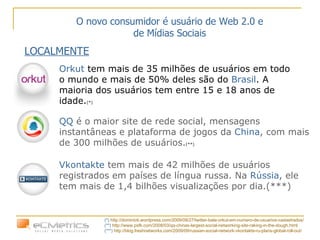O novo consumidor é usuário de Web 2.0 e de Mídias Sociais LOCALMENTE Orkut  tem mais de 35 milhões de usuários em todo o mundo e mais de 50% deles são do  Brasil . A maioria dos usuários tem entre 15 e 18 anos de idade. (*) QQ  é o maior site de rede social, mensagens instantâneas e plataforma de jogos da  China , com mais de 300 milhões de usuários. (**) Vkontakte   tem mais de 42 milhões de usuários registrados em países de língua russa. Na  Rússia , ele tem mais de 1,4 bilhões visualizações por dia.(***) (*)  http://dominioti.wordpress.com/2009/09/27/twitter-bate-orkut-em-numero-de-usuarios-cadastrados/   (**)  http://www.psfk.com/2008/03/qq-chinas-largest-social-networking-site-raking-in-the-dough.html   (***)  http://blog.freshnetworks.com/2009/09/russian-social-network-vkontakte-ru-plans-global-roll-out/   