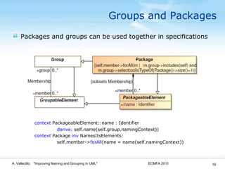 Packages and groups can be used together in specificationscontextPackageableElement::name : Identifier  derive: self.name(self.group.namingContext))context Package inv NamesItsElements:  self.member->forAll(name = name(self.namingContext))Groups and PackagesECMFA 2011A. Vallecillo:   "Improving Naming and Grouping in UML"19