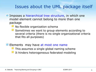 Issues about the UML package itselfImposes a hierarchical tree structure, in which one model element cannot belong to more than one packageNo flexible organization schema Sometimes we want to group elements according to several criteria (there is no single organizational criteria that fits all purposes)Elements  may have at most one nameThis assumes a single global naming schemeIt hinders heterogeneous federated modelingECMFA 2011A. Vallecillo:   "Improving Naming and Grouping in UML"5