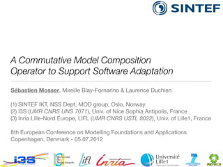A Commutative Model Composition
Operator to Support Software Adaptation
Sébastien Mosser, Mireille Blay-Fornarino & Laurence Duchien

(1) SINTEF IKT, NSS Dept, MOD group, Oslo, Norway
(2) I3S (UMR CNRS UNS 7071), Univ. of Nice Sophia Antipolis, France
(3) Inria Lille-Nord Europe, LIFL (UMR CNRS USTL 8022), Univ. of Lille1, France

8th European Conference on Modelling Foundations and Applications
Copenhagen, Denmark - 05.07.2012
 