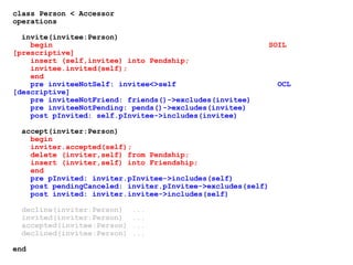 class Person < Accessor
operations
invite(invitee:Person)
begin SOIL
[prescriptive]
insert (self,invitee) into Pendship;
invitee.invited(self);
end
pre inviteeNotSelf: invitee<>self OCL
[descriptive]
pre inviteeNotFriend: friends()->excludes(invitee)
pre inviteeNotPending: pends()->excludes(invitee)
post pInvited: self.pInvitee->includes(invitee)
accept(inviter:Person)
begin
inviter.accepted(self);
delete (inviter,self) from Pendship;
insert (inviter,self) into Friendship;
end
pre pInvited: inviter.pInvitee->includes(self)
post pendingCanceled: inviter.pInvitee->excludes(self)
post invited: inviter.invitee->includes(self)
decline(inviter:Person) ...
invited(inviter:Person) ...
accepted(invitee:Person) ...
declined(invitee:Person) ...
end
 