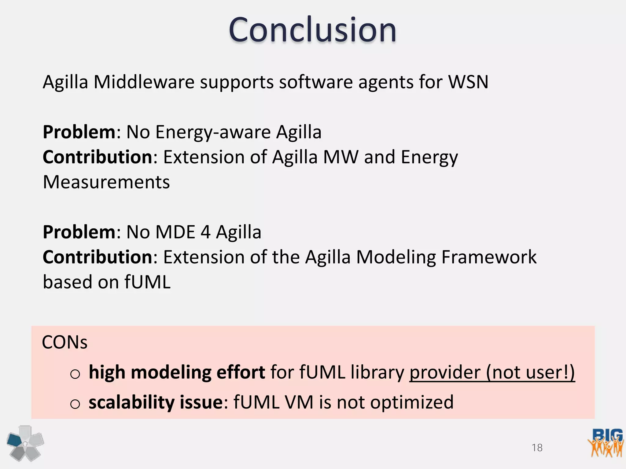 Conclusion
CONs
o high modeling effort for fUML library provider (not user!)
o scalability issue: fUML VM is not optimized
Agilla Middleware supports software agents for WSN
Problem: No Energy-aware Agilla
Contribution: Extension of Agilla MW and Energy
Measurements
Problem: No MDE 4 Agilla
Contribution: Extension of the Agilla Modeling Framework
based on fUML
18
 