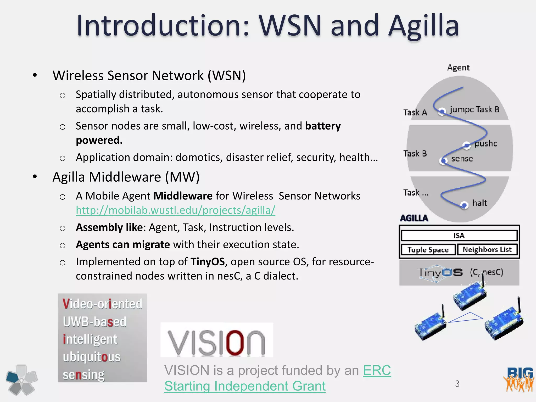 Introduction: WSN and Agilla
• Wireless Sensor Network (WSN)
o Spatially distributed, autonomous sensor that cooperate to
accomplish a task.
o Sensor nodes are small, low-cost, wireless, and battery
powered.
o Application domain: domotics, disaster relief, security, health…
• Agilla Middleware (MW)
o A Mobile Agent Middleware for Wireless Sensor Networks
http://mobilab.wustl.edu/projects/agilla/
o Assembly like: Agent, Task, Instruction levels.
o Agents can migrate with their execution state.
o Implemented on top of TinyOS, open source OS, for resource-
constrained nodes written in nesC, a C dialect.
3
VISION is a project funded by an ERC
Starting Independent Grant
 