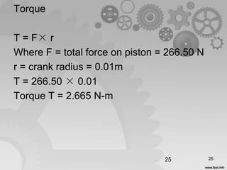 Torque
T = F× r
Where F = total force on piston = 266.50 N
r = crank radius = 0.01m
T = 266.50 × 0.01
Torque T = 2.665 N-m
25 25
 
