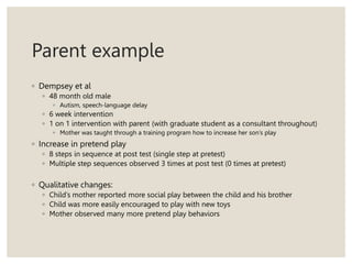 Parent example
◦ Dempsey et al
◦ 48 month old male
◦ Autism, speech-language delay
◦ 6 week intervention
◦ 1 on 1 intervention with parent (with graduate student as a consultant throughout)
◦ Mother was taught through a training program how to increase her son’s play
◦ Increase in pretend play
◦ 8 steps in sequence at post test (single step at pretest)
◦ Multiple step sequences observed 3 times at post test (0 times at pretest)
◦ Qualitative changes:
◦ Child’s mother reported more social play between the child and his brother
◦ Child was more easily encouraged to play with new toys
◦ Mother observed many more pretend play behaviors
 