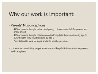 Why our work is important:
◦ Parents’ Misconceptions
◦ 44% of parents thought infants and young children could tell if a parents was
angry or sad
◦ 43% of parents thought children could self regulate their emotions by age 3;
20% thought they could regulate by age 2
◦ Parents tend to look for signs similar to adult expression.
◦ It is our responsibility to get accurate and helpful information to parents
and caregivers.
 