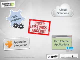 Cloud
                                                           Solutions




                                                         Rich Internet
                                                         Applications



Microsoft SharePoint Konferenz 09.-10. Juni 2010, Wien
 