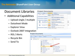 Additional Capabilities Upload single / multiple Datasheet Mode Explorer View Outlook 2007 Integration RSS / Alerts Recycle Bin Send To Document Libraries 
