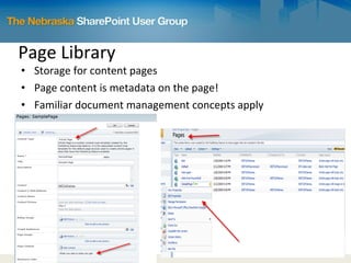 Page Library Storage for content pages Page content is metadata on the page! Familiar document management concepts apply 