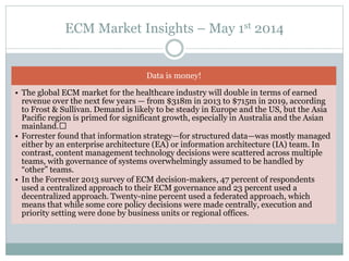 ECM Market Insights – May 1st 2014
Data is money!
• The global ECM market for the healthcare industry will double in terms of earned
revenue over the next few years — from $318m in 2013 to $715m in 2019, according
to Frost & Sullivan. Demand is likely to be steady in Europe and the US, but the Asia
Pacific region is primed for significant growth, especially in Australia and the Asian
mainland.﻿
• Forrester found that information strategy—for structured data—was mostly managed
either by an enterprise architecture (EA) or information architecture (IA) team. In
contrast, content management technology decisions were scattered across multiple
teams, with governance of systems overwhelmingly assumed to be handled by
“other” teams.
• In the Forrester 2013 survey of ECM decision-makers, 47 percent of respondents
used a centralized approach to their ECM governance and 23 percent used a
decentralized approach. Twenty-nine percent used a federated approach, which
means that while some core policy decisions were made centrally, execution and
priority setting were done by business units or regional offices.
 