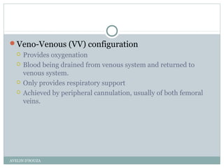 Veno-Venous (VV) configuration
 Provides oxygenation
 Blood being drained from venous system and returned to
venous system.
 Only provides respiratory support
 Achieved by peripheral cannulation, usually of both femoral
veins.
AVELIN D'SOUZA
 