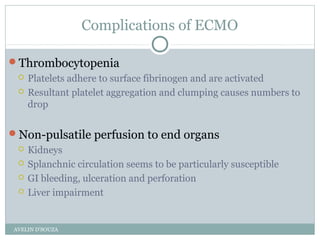 Complications of ECMO
Thrombocytopenia
 Platelets adhere to surface fibrinogen and are activated
 Resultant platelet aggregation and clumping causes numbers to
drop
Non-pulsatile perfusion to end organs
 Kidneys
 Splanchnic circulation seems to be particularly susceptible
 GI bleeding, ulceration and perforation
 Liver impairment
AVELIN D'SOUZA
 