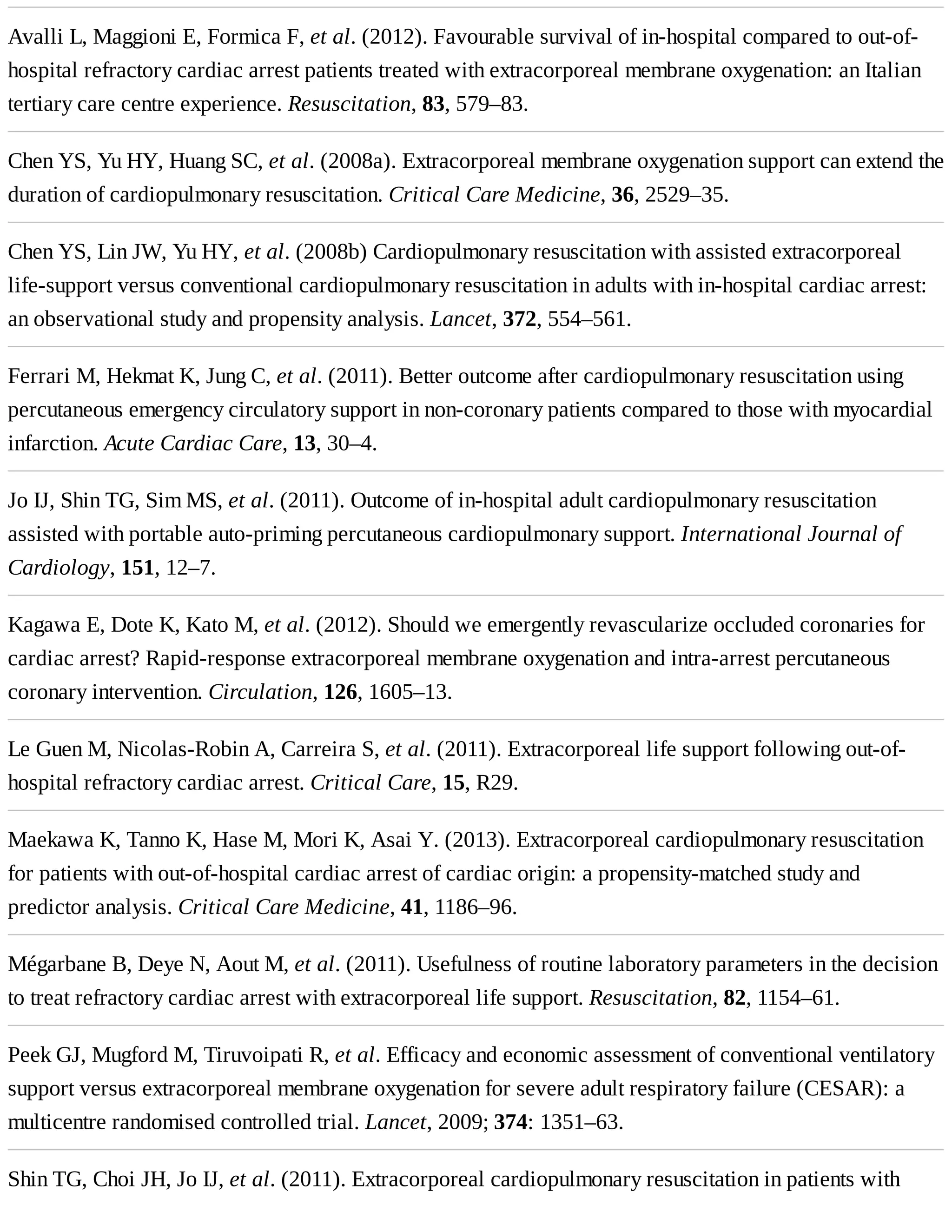 Avalli	L,	Maggioni	E,	Formica	F,	et	al.	(2012).	Favourable	survival	of	in-hospital	compared	to	out-of-
hospital	refractory	cardiac	arrest	patients	treated	with	extracorporeal	membrane	oxygenation:	an	Italian
tertiary	care	centre	experience.	Resuscitation,	83,	579–83.
Chen	YS,	Yu	HY,	Huang	SC,	et	al.	(2008a).	Extracorporeal	membrane	oxygenation	support	can	extend	the
duration	of	cardiopulmonary	resuscitation.	Critical	Care	Medicine,	36,	2529–35.
Chen	YS,	Lin	JW,	Yu	HY,	et	al.	(2008b)	Cardiopulmonary	resuscitation	with	assisted	extracorporeal
life-support	versus	conventional	cardiopulmonary	resuscitation	in	adults	with	in-hospital	cardiac	arrest:
an	observational	study	and	propensity	analysis.	Lancet,	372,	554–561.
Ferrari	M,	Hekmat	K,	Jung	C,	et	al.	(2011).	Better	outcome	after	cardiopulmonary	resuscitation	using
percutaneous	emergency	circulatory	support	in	non-coronary	patients	compared	to	those	with	myocardial
infarction.	Acute	Cardiac	Care,	13,	30–4.
Jo	IJ,	Shin	TG,	Sim	MS,	et	al.	(2011).	Outcome	of	in-hospital	adult	cardiopulmonary	resuscitation
assisted	with	portable	auto-priming	percutaneous	cardiopulmonary	support.	International	Journal	of
Cardiology,	151,	12–7.
Kagawa	E,	Dote	K,	Kato	M,	et	al.	(2012).	Should	we	emergently	revascularize	occluded	coronaries	for
cardiac	arrest?	Rapid-response	extracorporeal	membrane	oxygenation	and	intra-arrest	percutaneous
coronary	intervention.	Circulation,	126,	1605–13.
Le	Guen	M,	Nicolas-Robin	A,	Carreira	S,	et	al.	(2011).	Extracorporeal	life	support	following	out-of-
hospital	refractory	cardiac	arrest.	Critical	Care,	15,	R29.
Maekawa	K,	Tanno	K,	Hase	M,	Mori	K,	Asai	Y.	(2013).	Extracorporeal	cardiopulmonary	resuscitation
for	patients	with	out-of-hospital	cardiac	arrest	of	cardiac	origin:	a	propensity-matched	study	and
predictor	analysis.	Critical	Care	Medicine,	41,	1186–96.
Mégarbane	B,	Deye	N,	Aout	M,	et	al.	(2011).	Usefulness	of	routine	laboratory	parameters	in	the	decision
to	treat	refractory	cardiac	arrest	with	extracorporeal	life	support.	Resuscitation,	82,	1154–61.
Peek	GJ,	Mugford	M,	Tiruvoipati	R,	et	al.	Efficacy	and	economic	assessment	of	conventional	ventilatory
support	versus	extracorporeal	membrane	oxygenation	for	severe	adult	respiratory	failure	(CESAR):	a
multicentre	randomised	controlled	trial.	Lancet,	2009;	374:	1351–63.
Shin	TG,	Choi	JH,	Jo	IJ,	et	al.	(2011).	Extracorporeal	cardiopulmonary	resuscitation	in	patients	with
 