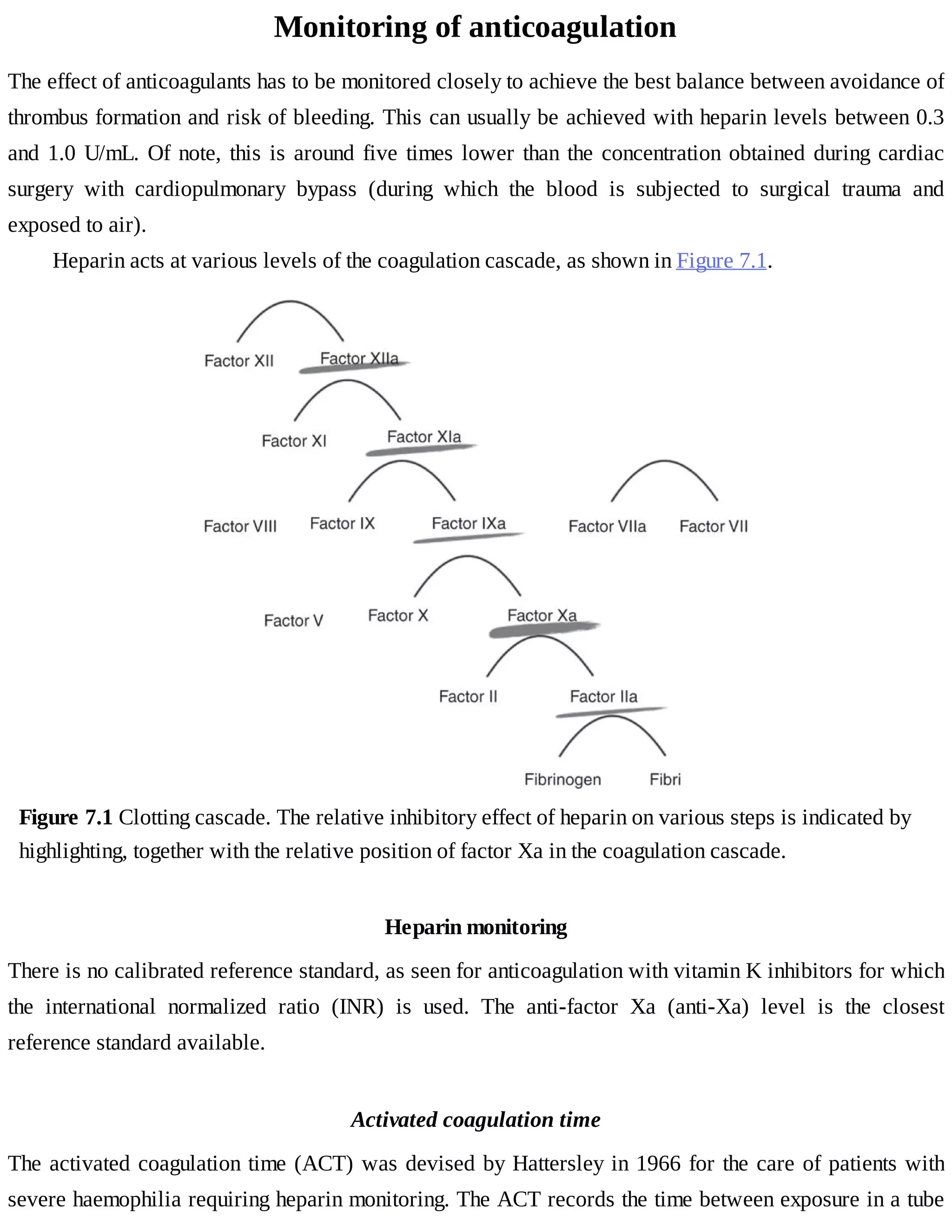 Monitoring	of	anticoagulation
The	effect	of	anticoagulants	has	to	be	monitored	closely	to	achieve	the	best	balance	between	avoidance	of
thrombus	formation	and	risk	of	bleeding.	This	can	usually	be	achieved	with	heparin	levels	between	0.3
and	1.0	U/mL.	Of	note,	this	is	around	five	times	lower	than	the	concentration	obtained	during	cardiac
surgery	 with	 cardiopulmonary	 bypass	 (during	 which	 the	 blood	 is	 subjected	 to	 surgical	 trauma	 and
exposed	to	air).
Heparin	acts	at	various	levels	of	the	coagulation	cascade,	as	shown	in	Figure	7.1.
Figure	7.1	Clotting	cascade.	The	relative	inhibitory	effect	of	heparin	on	various	steps	is	indicated	by
highlighting,	together	with	the	relative	position	of	factor	Xa	in	the	coagulation	cascade.
Heparin	monitoring
There	is	no	calibrated	reference	standard,	as	seen	for	anticoagulation	with	vitamin	K	inhibitors	for	which
the	 international	 normalized	 ratio	 (INR)	 is	 used.	 The	 anti-factor	 Xa	 (anti-Xa)	 level	 is	 the	 closest
reference	standard	available.
Activated	coagulation	time
The	activated	coagulation	time	(ACT)	was	devised	by	Hattersley	in	1966	for	the	care	of	patients	with
severe	haemophilia	requiring	heparin	monitoring.	The	ACT	records	the	time	between	exposure	in	a	tube
 