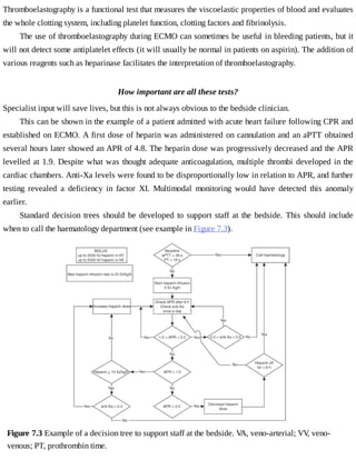 Thromboelastography	is	a	functional	test	that	measures	the	viscoelastic	properties	of	blood	and	evaluates
the	whole	clotting	system,	including	platelet	function,	clotting	factors	and	fibrinolysis.
The	use	of	thromboelastography	during	ECMO	can	sometimes	be	useful	in	bleeding	patients,	but	it
will	not	detect	some	antiplatelet	effects	(it	will	usually	be	normal	in	patients	on	aspirin).	The	addition	of
various	reagents	such	as	heparinase	facilitates	the	interpretation	of	thromboelastography.
How	important	are	all	these	tests?
Specialist	input	will	save	lives,	but	this	is	not	always	obvious	to	the	bedside	clinician.
This	can	be	shown	in	the	example	of	a	patient	admitted	with	acute	heart	failure	following	CPR	and
established	on	ECMO.	A	first	dose	of	heparin	was	administered	on	cannulation	and	an	aPTT	obtained
several	hours	later	showed	an	APR	of	4.8.	The	heparin	dose	was	progressively	decreased	and	the	APR
levelled	at	1.9.	Despite	what	was	thought	adequate	anticoagulation,	multiple	thrombi	developed	in	the
cardiac	chambers.	Anti-Xa	levels	were	found	to	be	disproportionally	low	in	relation	to	APR,	and	further
testing	 revealed	 a	 deficiency	 in	 factor	 XI.	 Multimodal	 monitoring	 would	 have	 detected	 this	 anomaly
earlier.
Standard	decision	trees	should	be	developed	to	support	staff	at	the	bedside.	This	should	include
when	to	call	the	haematology	department	(see	example	in	Figure	7.3).
Figure	7.3	Example	of	a	decision	tree	to	support	staff	at	the	bedside.	VA,	veno-arterial;	VV,	veno-
venous;	PT,	prothrombin	time.
 