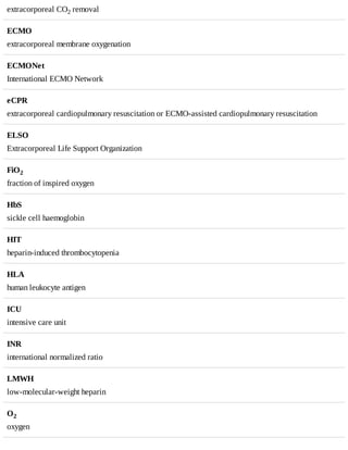 extracorporeal	CO2	removal
ECMO
extracorporeal	membrane	oxygenation
ECMONet
International	ECMO	Network
eCPR
extracorporeal	cardiopulmonary	resuscitation	or	ECMO-assisted	cardiopulmonary	resuscitation
ELSO
Extracorporeal	Life	Support	Organization
FiO2
fraction	of	inspired	oxygen
HbS
sickle	cell	haemoglobin
HIT
heparin-induced	thrombocytopenia
HLA
human	leukocyte	antigen
ICU
intensive	care	unit
INR
international	normalized	ratio
LMWH
low-molecular-weight	heparin
O2
oxygen
 