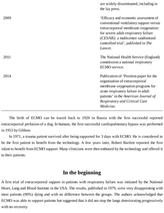 are	widely	disseminated,	including	in
the	lay	press.
2009 ‘Efficacy	and	economic	assessment	of
conventional	ventilatory	support	versus
extracorporeal	membrane	oxygenation
for	severe	adult	respiratory	failure
(CESAR):	a	multicentre	randomized
controlled	trial’,	published	in	The
Lancet.
2011 The	National	Health	Service	(England)
commission	a	national	respiratory
ECMO	service.
2014 Publication	of	‘Position	paper	for	the
organization	of	extracorporeal
membrane	oxygenation	programs	for
acute	respiratory	failure	in	adult
patients’	in	the	American	Journal	of
Respiratory	and	Critical	Care
Medicine.
The	 birth	 of	 ECMO	 can	 be	 traced	 back	 to	 1929	 in	 Russia	 with	 the	 first	 successful	 reported
extracorporeal	perfusion	of	a	dog.	In	humans,	the	first	successful	cardiopulmonary	bypass	was	performed
in	1953	by	Gibbon.
In	1971,	a	trauma	patient	survived	after	being	supported	for	3	days	with	ECMO.	He	is	considered	to
be	the	first	patient	to	benefit	from	the	technology.	A	few	years	later,	Robert	Bartlett	reported	the	first
infant	to	benefit	from	ECMO	support.	Many	clinicians	were	then	enthused	by	the	technology	and	offered	it
to	their	patients.
In	the	beginning
A	first	trial	of	extracorporeal	support	in	patients	with	respiratory	failure	was	initiated	by	the	National
Heart,	Lung	and	Blood	Institute	in	the	USA.	The	results,	published	in	1979,	were	very	disappointing	with
most	patients	(90%)	dying	and	with	no	difference	between	the	groups.	The	authors	acknowledged	that
ECMO	was	able	to	support	patients	but	suggested	that	it	did	not	stop	the	lungs	deteriorating	progressively
with	no	recovery.
 