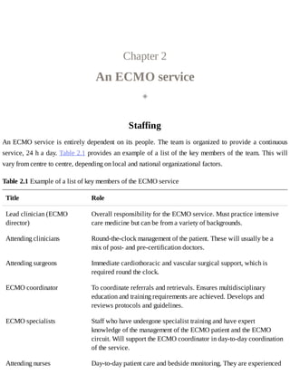 Chapter	2
An	ECMO	service
◈
Staffing
An	ECMO	service	is	entirely	dependent	on	its	people.	The	team	is	organized	to	provide	a	continuous
service,	24	h	a	day.	Table	2.1	provides	an	example	of	a	list	of	the	key	members	of	the	team.	This	will
vary	from	centre	to	centre,	depending	on	local	and	national	organizational	factors.
Table	2.1	Example	of	a	list	of	key	members	of	the	ECMO	service
Title Role
Lead	clinician	(ECMO
director)
Overall	responsibility	for	the	ECMO	service.	Must	practice	intensive
care	medicine	but	can	be	from	a	variety	of	backgrounds.
Attending	clinicians Round-the-clock	management	of	the	patient.	These	will	usually	be	a
mix	of	post-	and	pre-certification	doctors.
Attending	surgeons Immediate	cardiothoracic	and	vascular	surgical	support,	which	is
required	round	the	clock.
ECMO	coordinator To	coordinate	referrals	and	retrievals.	Ensures	multidisciplinary
education	and	training	requirements	are	achieved.	Develops	and
reviews	protocols	and	guidelines.
ECMO	specialists Staff	who	have	undergone	specialist	training	and	have	expert
knowledge	of	the	management	of	the	ECMO	patient	and	the	ECMO
circuit.	Will	support	the	ECMO	coordinator	in	day-to-day	coordination
of	the	service.
Attending	nurses Day-to-day	patient	care	and	bedside	monitoring.	They	are	experienced
 