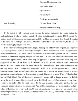 Decreased	heart	contractility
Pericardial	collection
Hypovolaemia
Pneumothorax
Aortic	valve	thrombosis
Increased	pulsatility Decreased	pump	flow
Increased	heart	contractility
If	 the	 patient	 is	 still	 pumping	 blood	 through	 the	 native	 circulation,	 the	 blood	 exiting	 the
cardiopulmonary	circulation	(‘native’	blood)	will	mix	with	that	pumped	through	the	ECMO	circuit.	The
‘native’	blood	will	be	more	or	less	oxygenated,	and	CO2	will	have	been	more	or	less	cleared,	depending
on	the	conditions	of	the	lungs.	Both	the	ECMO	and	the	‘native’	blood	will	meet	and	mix,	but	this	will	be
affected	by	many	physiological	variables.
If	the	patient’s	cardiac	output	is	increasing	but	the	lungs	are	not	functioning	properly,	the	proportion
of	poorly	oxygenated	blood	will	increase	(assuming	the	ECMO	flow	remains	the	same,	although	this	will
usually	not	be	the	case,	as	a	better	cardiac	function	will	increase	systemic	pressure	and	this	in	turn	will
decrease	ECMO	flow	if	the	pump	energy	is	not	increased).	The	flow	distribution	is	such	that	some	areas
may	 receive	 hypoxic	 blood,	 while	 others	 may	 be	 hyperoxic.	 A	 patient	 can	 appear	 to	 be	 very	 well
oxygenated	 (i.e.	 be	 pink	 and	 have	 a	 high	 measured	 PaO2)	 but	 have	 an	 ischaemic	 electrocardiogram
(ECG).	 This	 will	 happen	 when	 the	 blood	 exiting	 the	 cardiopulmonary	 circulation	 and	 entering	 the
coronary	 arteries	 has	 not	 been	 properly	 oxygenated,	 while	 the	 very	 well	 oxygenated	 ECMO	 blood	 is
distributed	 in	 all	 other	 vascular	 beds	 except	 the	 coronaries.	 A	 patient	 can	 appear	 bicoloured	 (called
harlequin	syndrome)	when	part	of	the	circulation	is	supplied	by	poorly	oxygenated	‘native’	blood	and	the
rest	by	ECMO	blood.	This	will	happen,	for	example,	in	patients	with	peripheral	 veno-arterial	 ECMO
where	 the	 blood	 is	 returned	 in	 the	 femoral	 artery.	 The	 blood	 from	 the	 ECMO	 circulates	 in	 the	 lower
portion	 of	 the	 body,	 while	 the	 blood	 pumped	 by	 the	 heart	 circulates	 in	 the	 upper	 portion.	 On	 some
occasions,	a	demarcation	line	can	be	observed.	Arterial	blood	gases	taken	at	various	locations	will	give
values	of	PaO2	that	can	be	very	different.	Of	note,	interrupting	the	sweep	gas	in	a	veno-arterial	circuit
(something	that	should	NEVER	be	done)	will	inject	blood	with	a	low	O2	content	and	a	reverse	harlequin
effect	could	be	seen.
 
